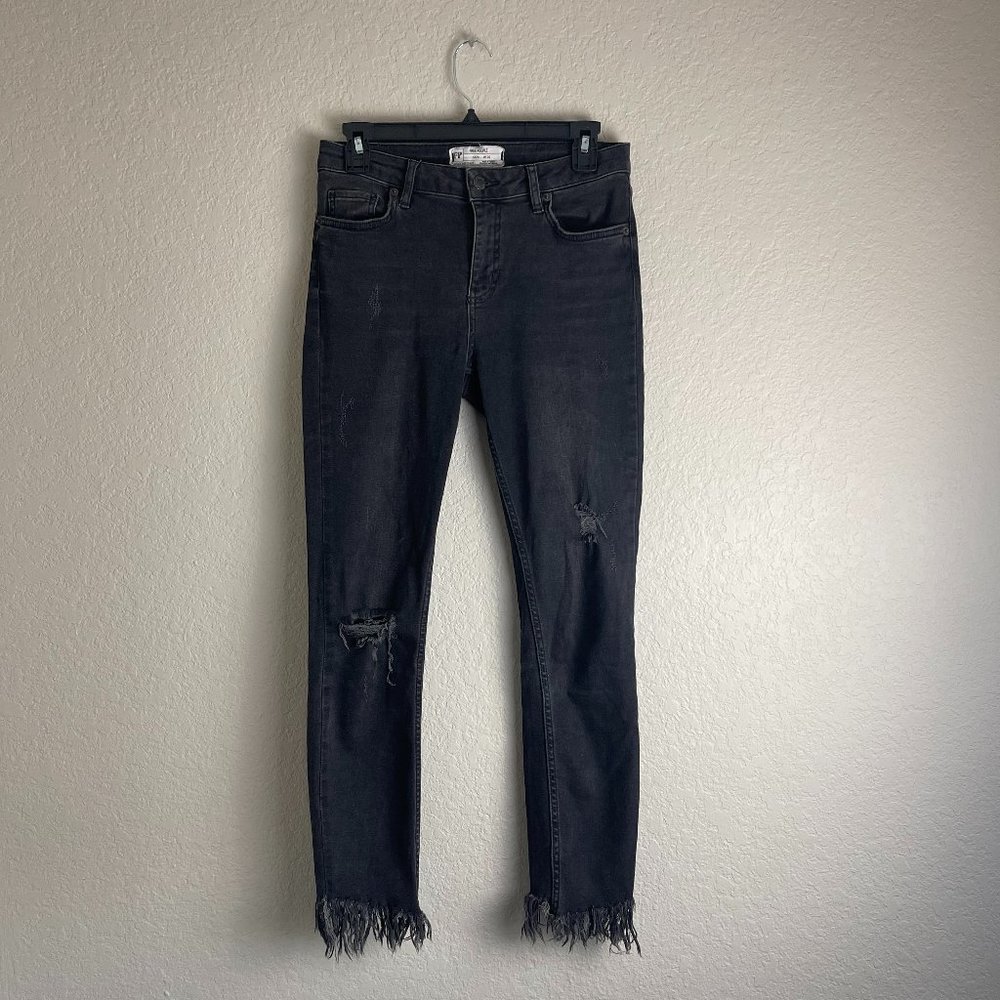 Free People Jeans Women's 26 Black Frayed Cuff Distressed Pants Stretch Denim